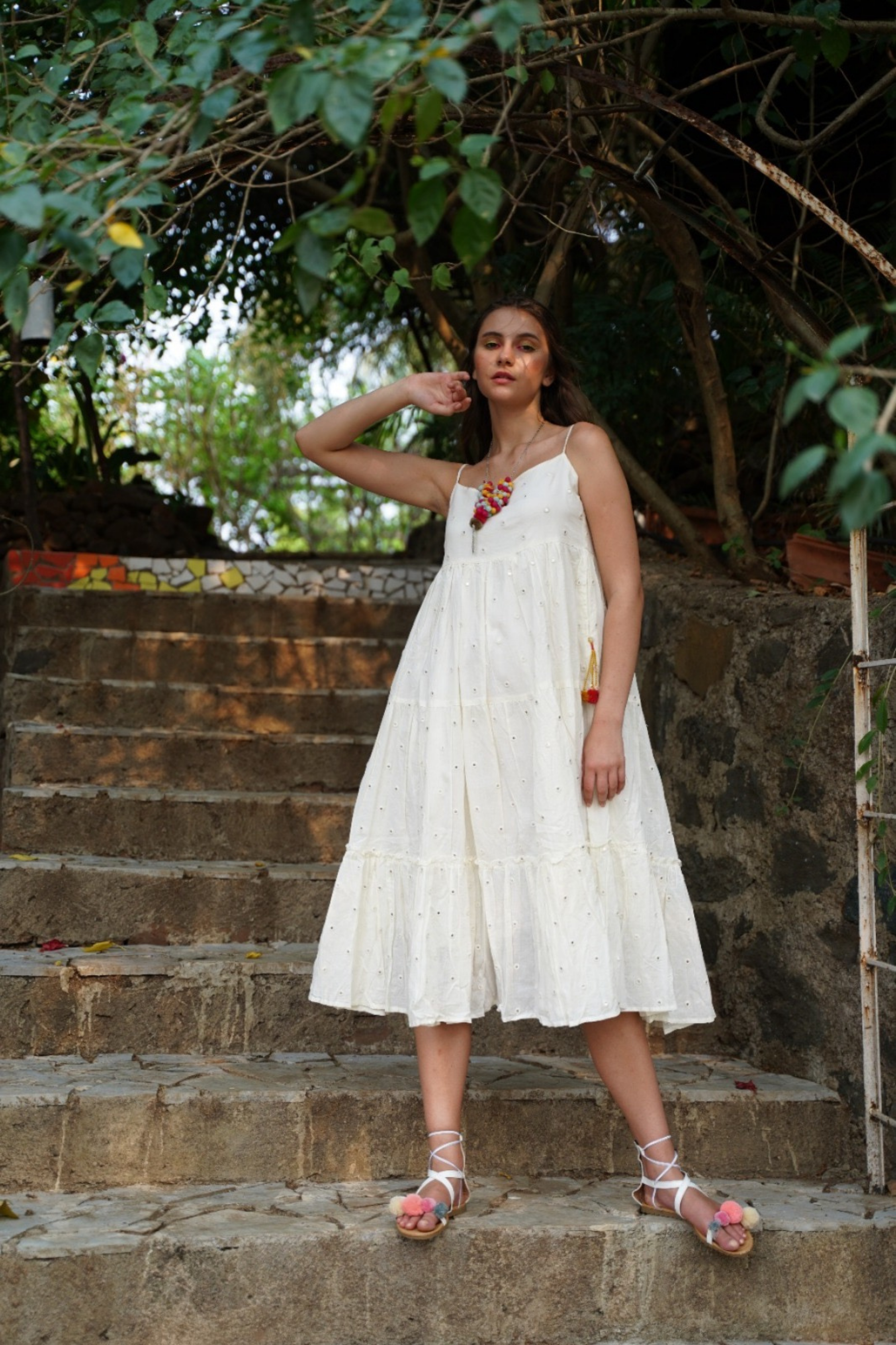 Mirror Work Mid-Length Cotton Strap Dress