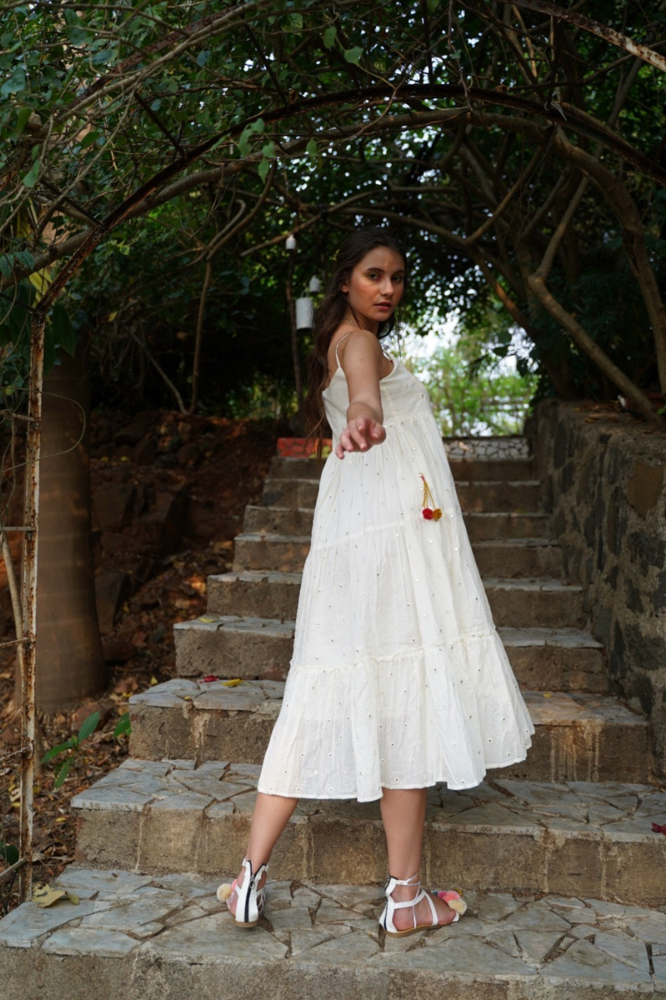 Mirror Work Mid-Length Cotton Strap Dress