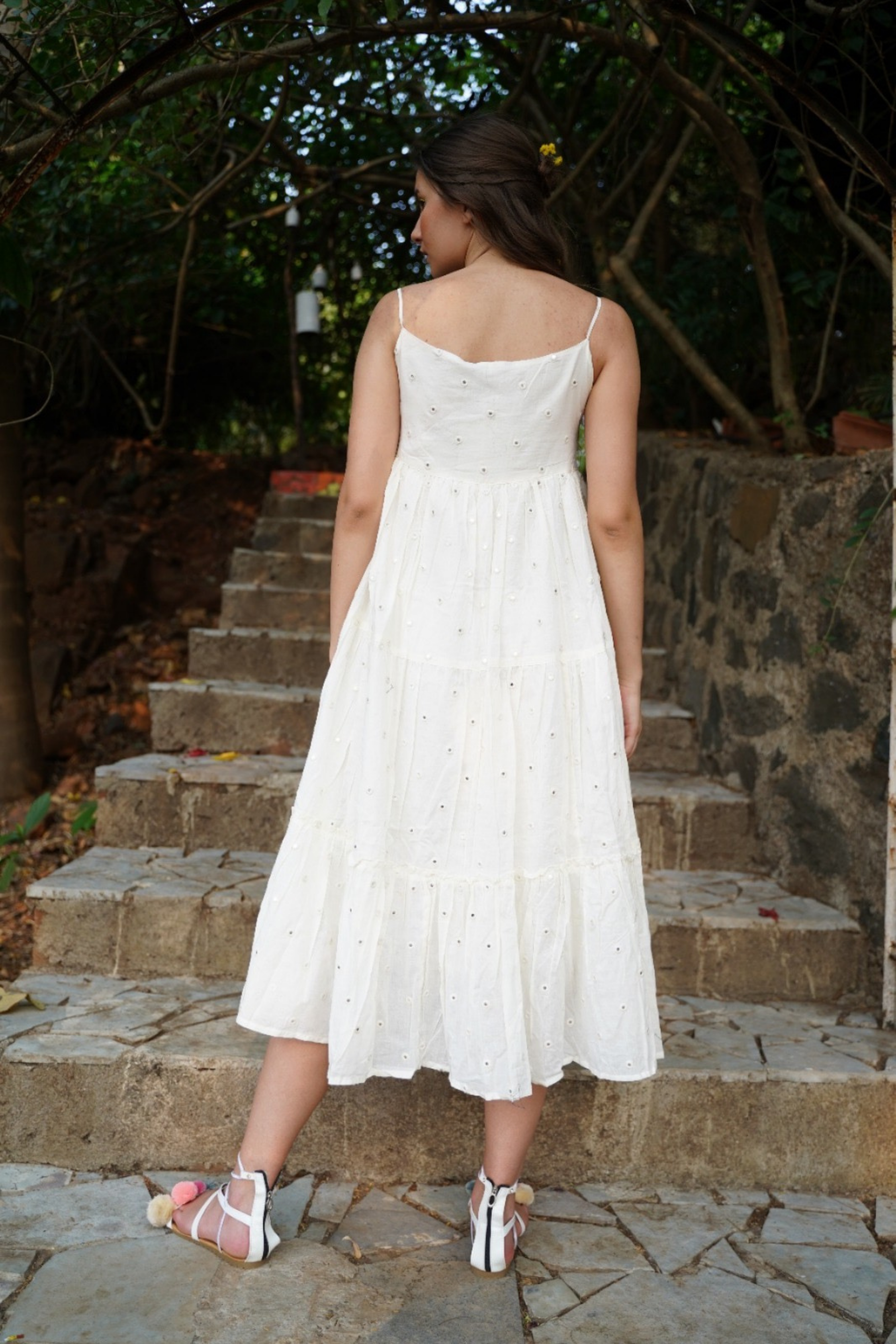 Mirror Work Mid-Length Cotton Strap Dress