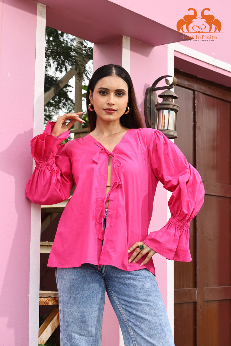 Dark Pink Bloom Tie-Front Top