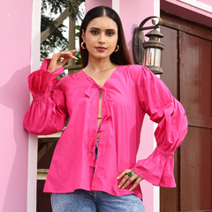 Dark Pink Bloom Tie-Front Top