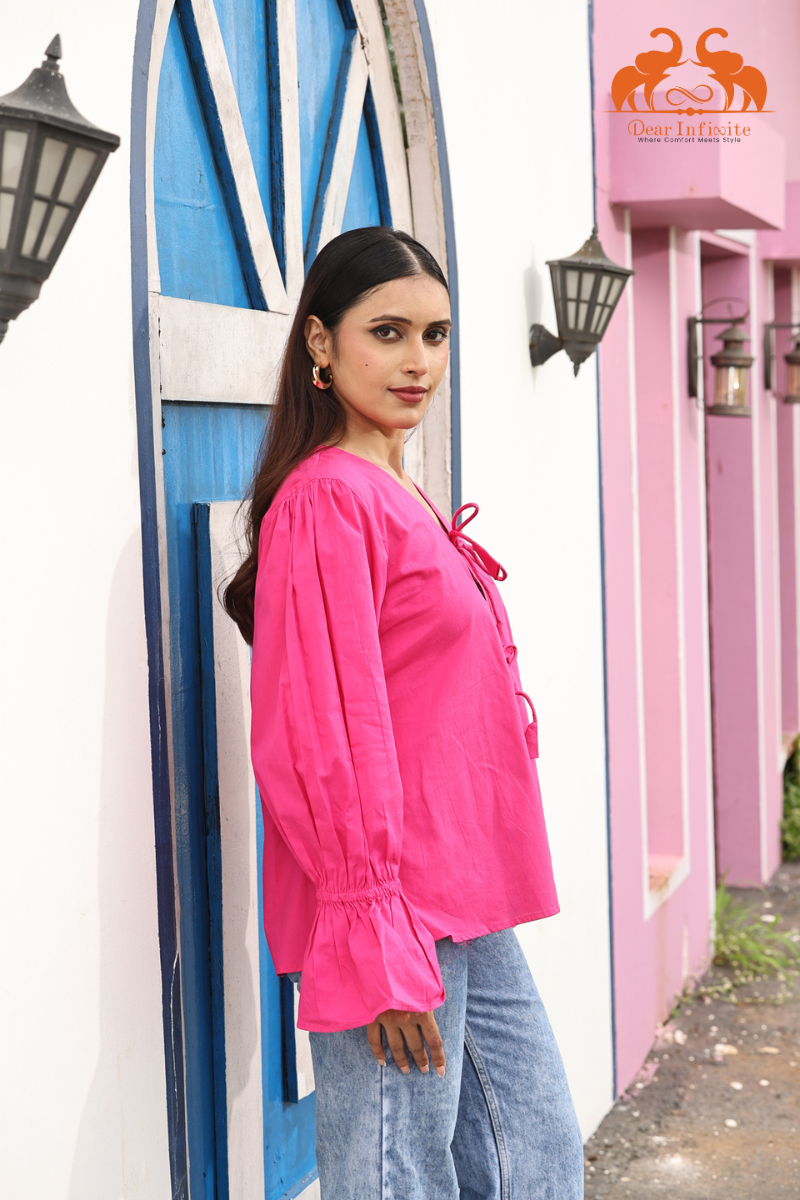 Dark Pink Bloom Tie-Front Top
