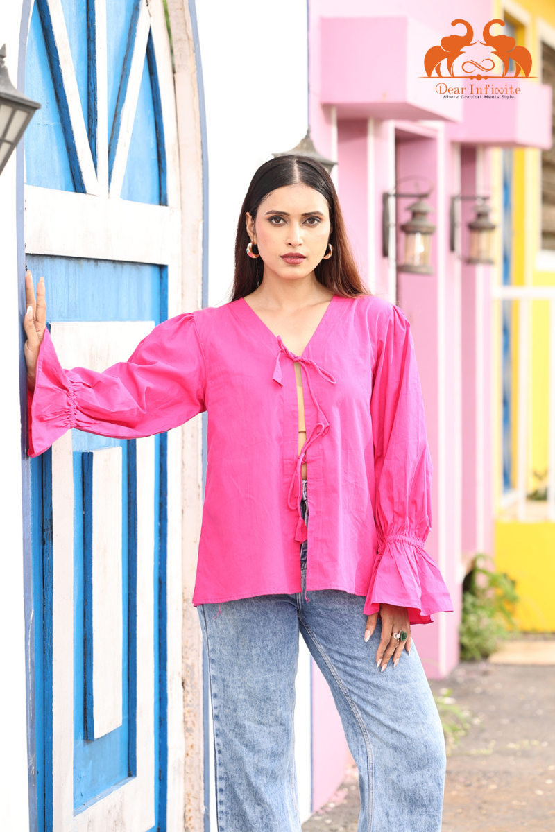 Dark Pink Bloom Tie-Front Top