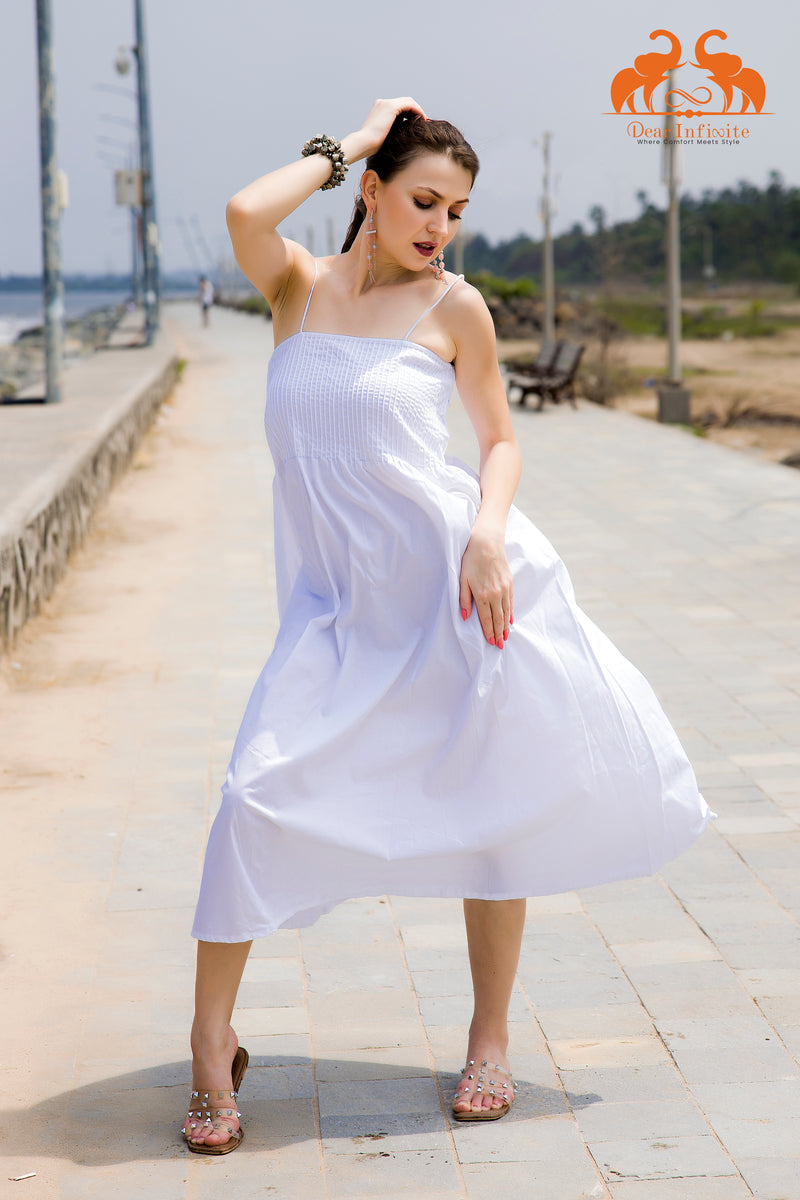 Petal Driff Strep White Midi Dress