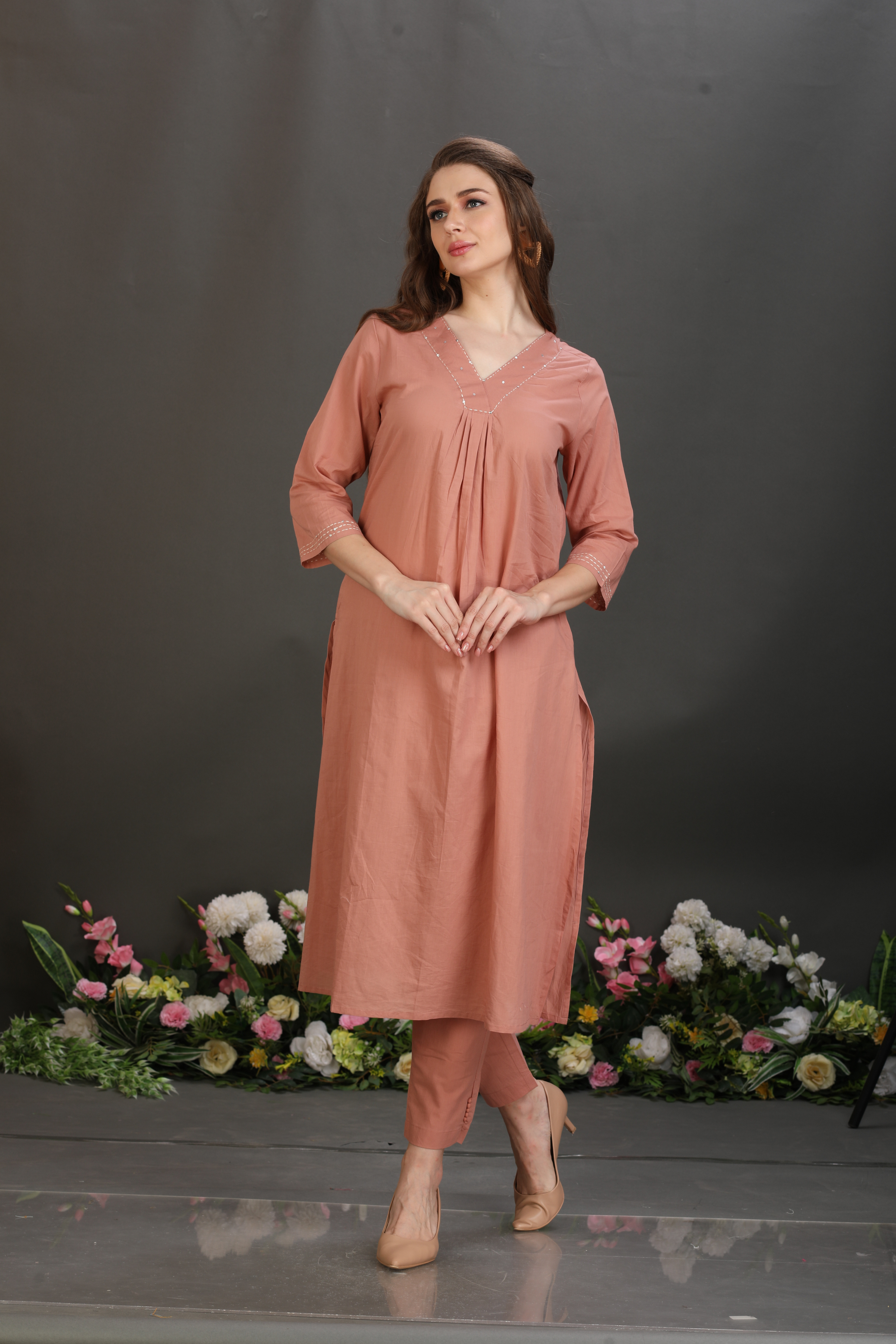 V-Neck Embroidered Kurta & Pant Set