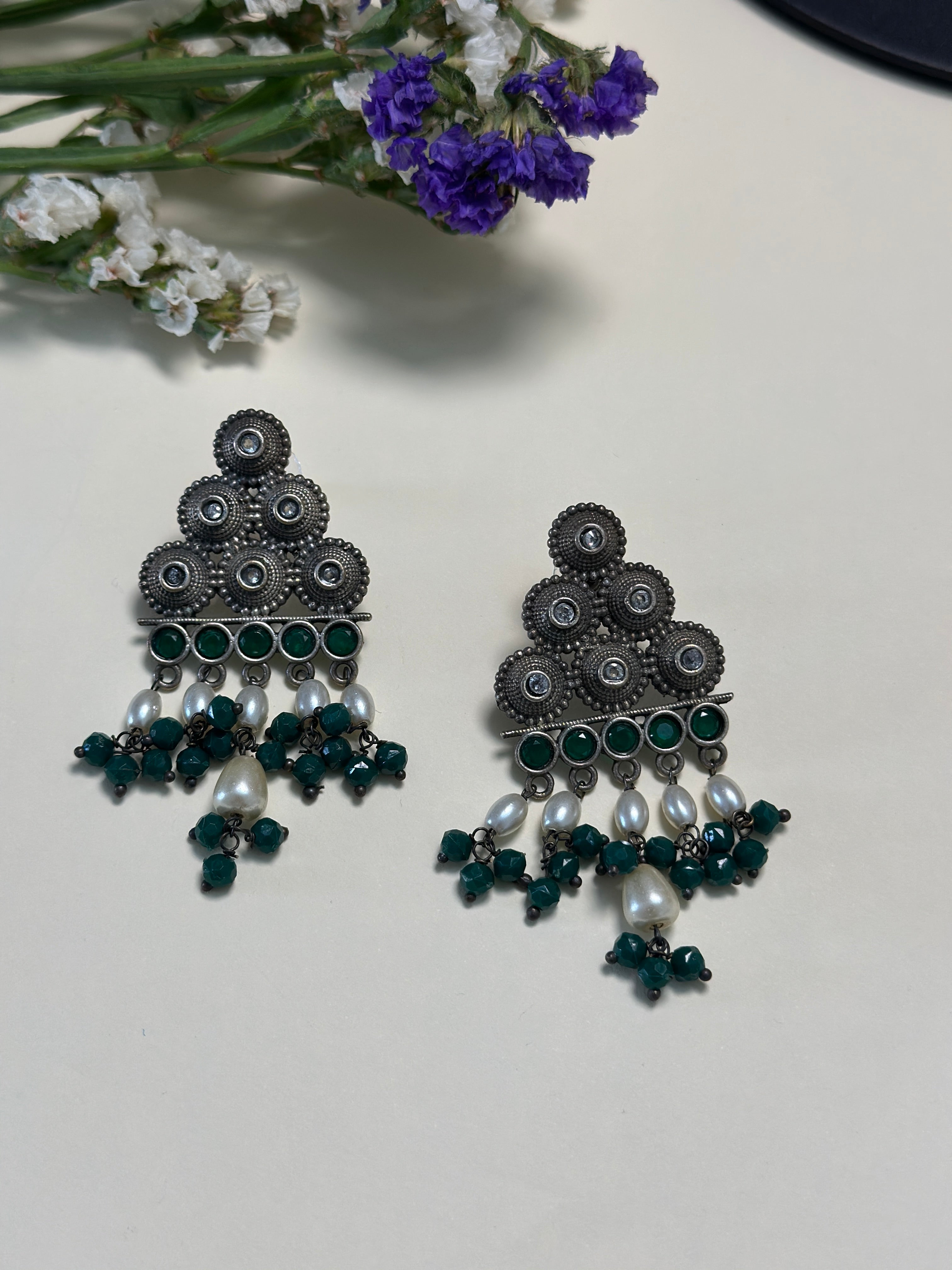 Emerald & Ivory Triangle Earrings