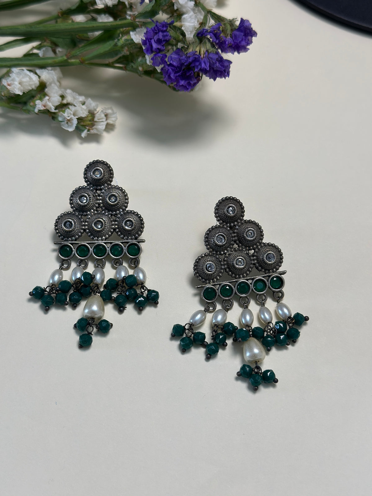 Emerald & Ivory Triangle Earrings