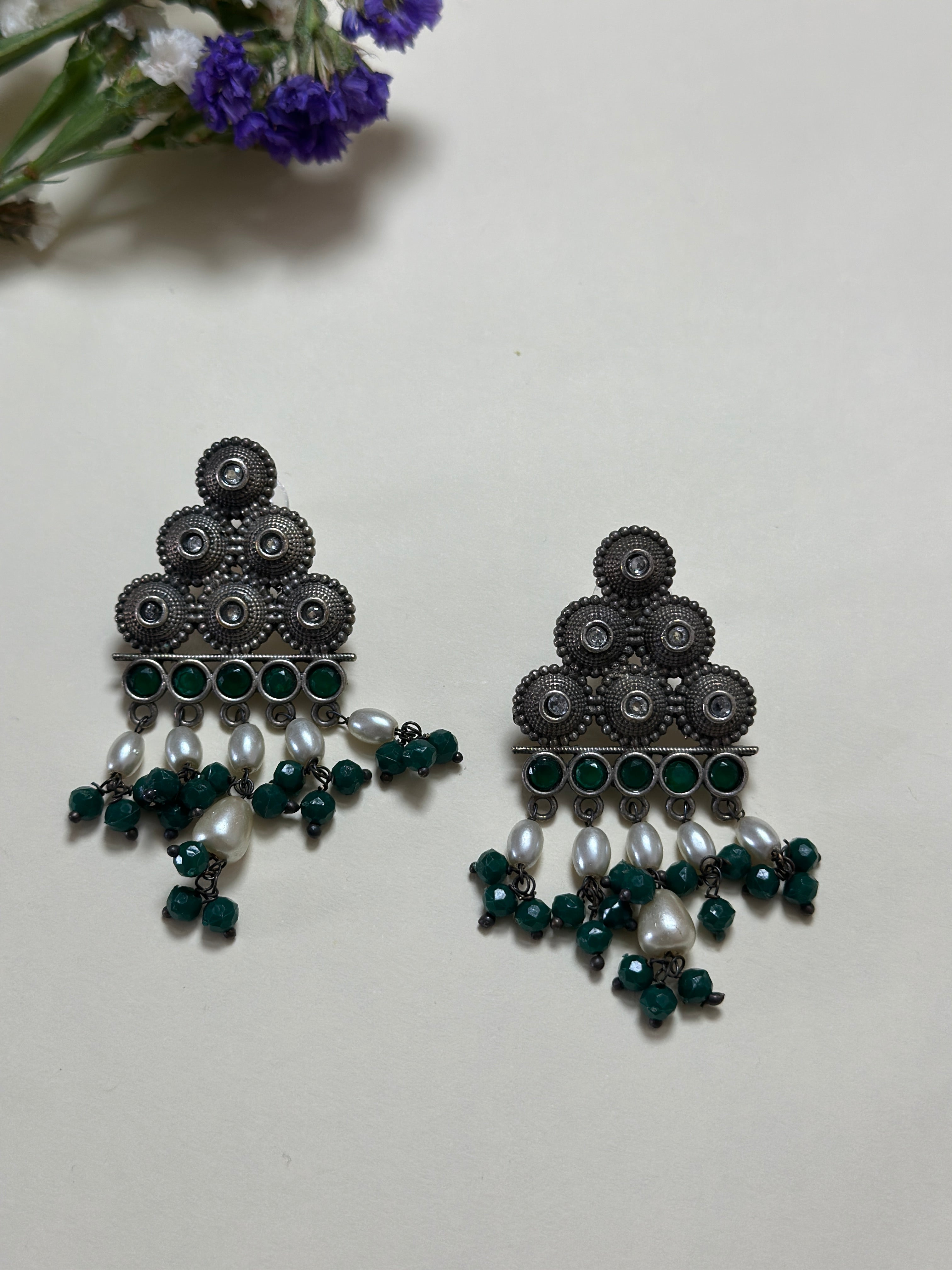 Emerald & Ivory Triangle Earrings