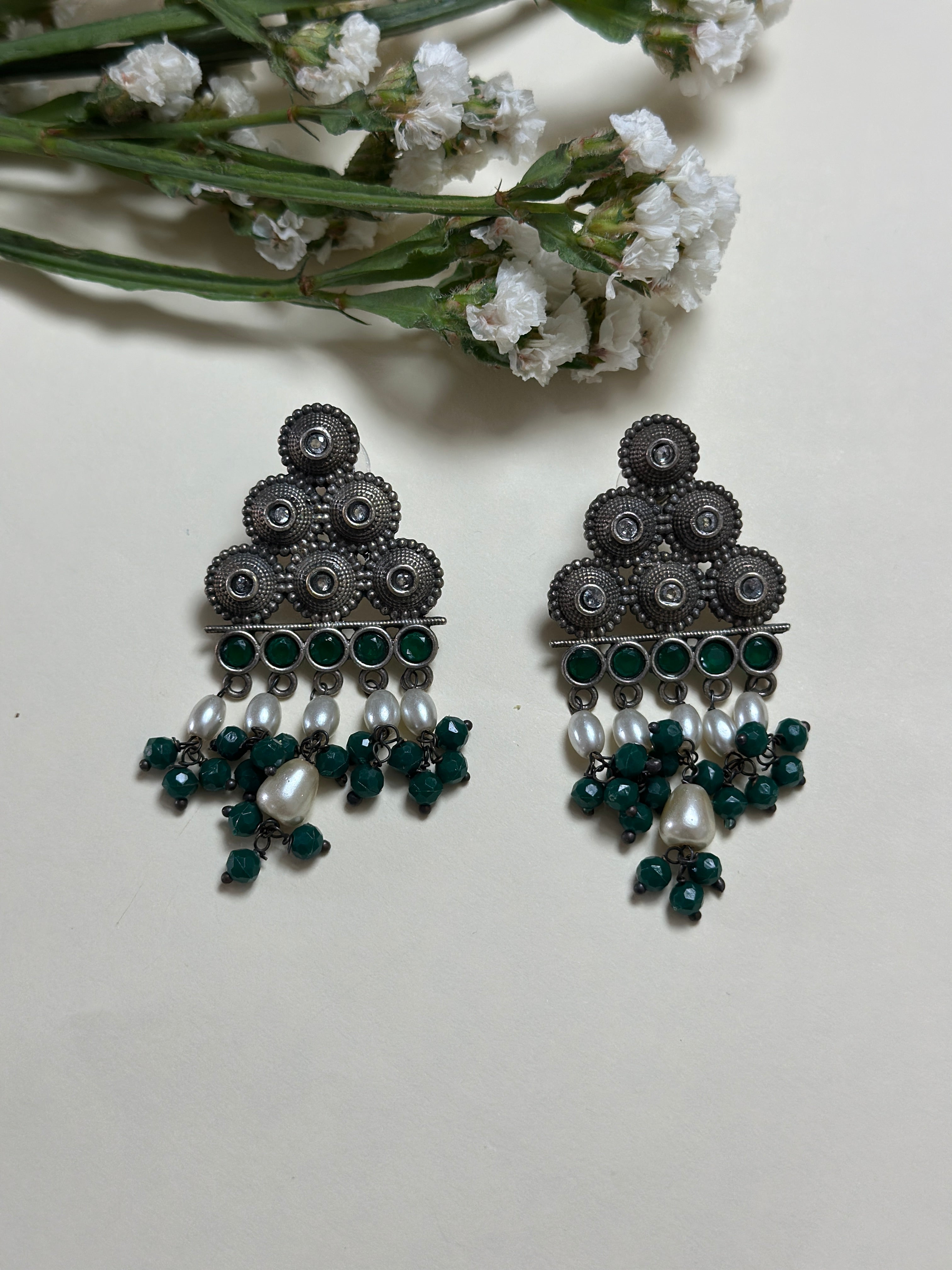 Emerald & Ivory Triangle Earrings