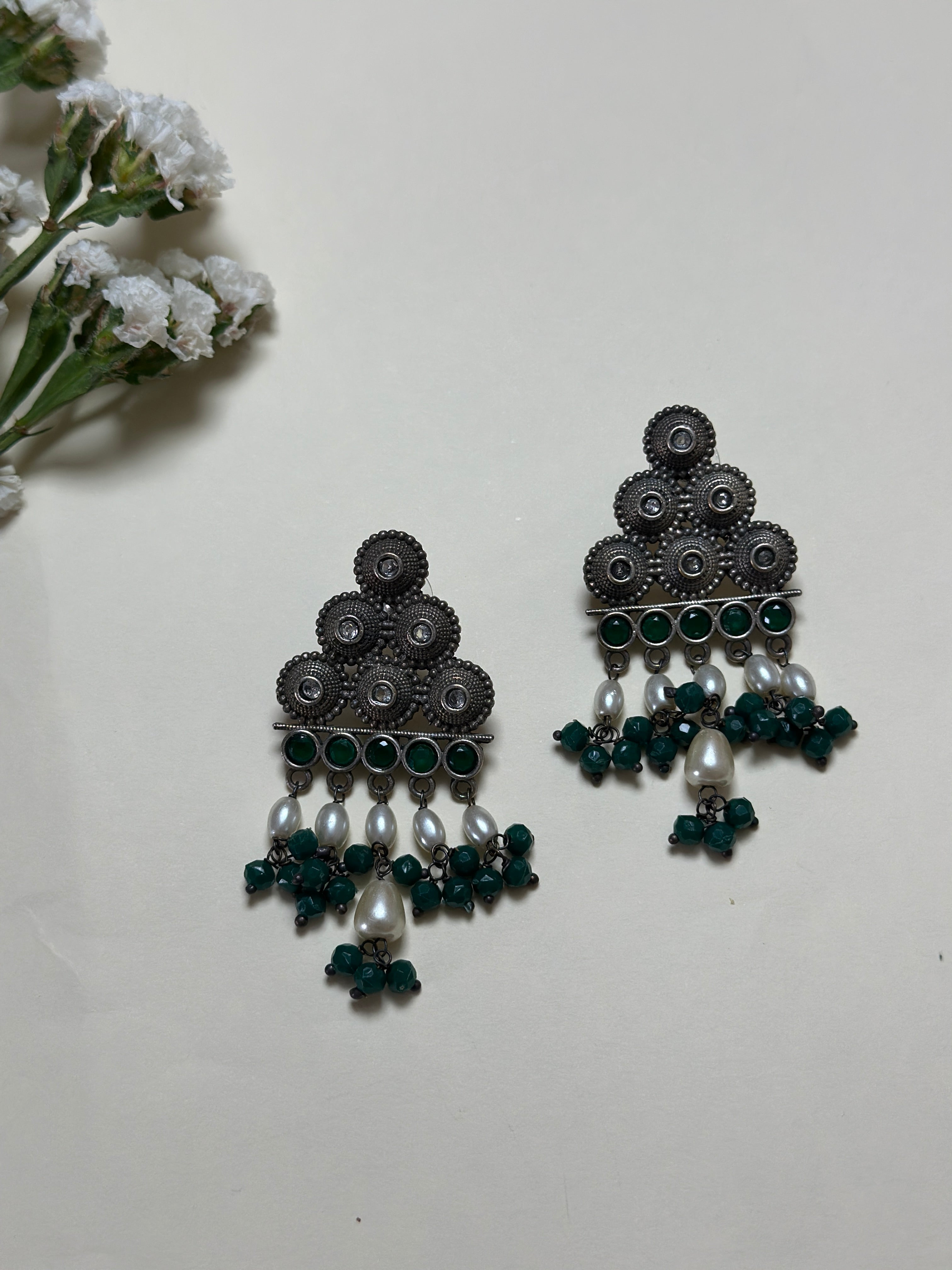 Emerald & Ivory Triangle Earrings