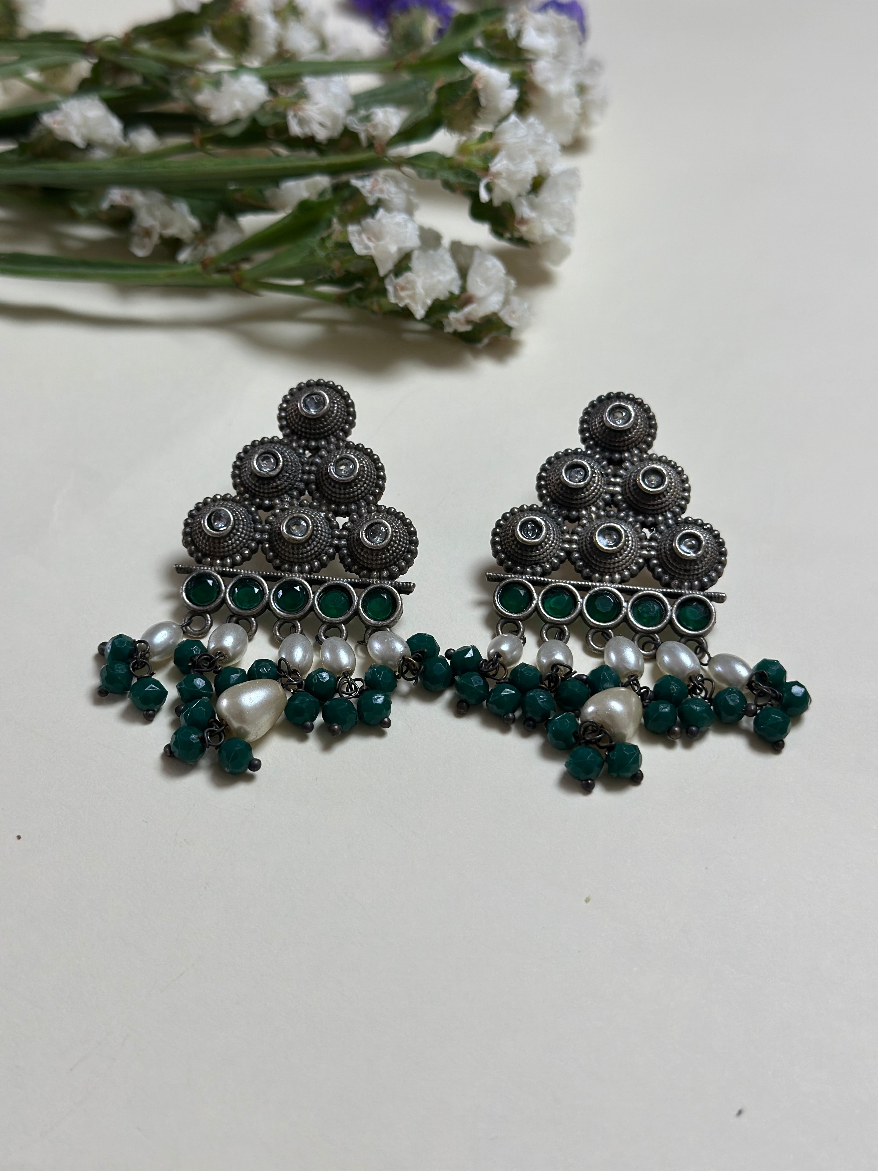 Emerald & Ivory Triangle Earrings