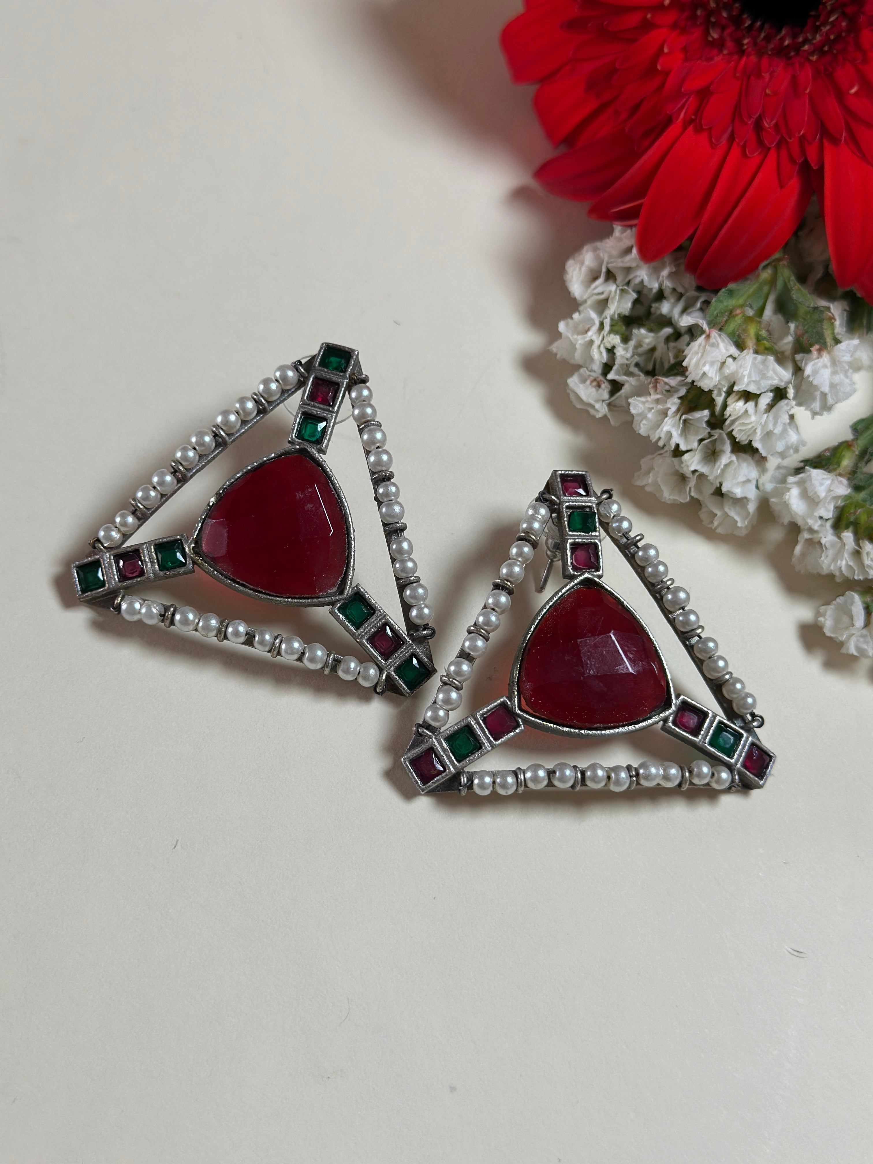 Imperial Ruby Emerald Pearl Earrings