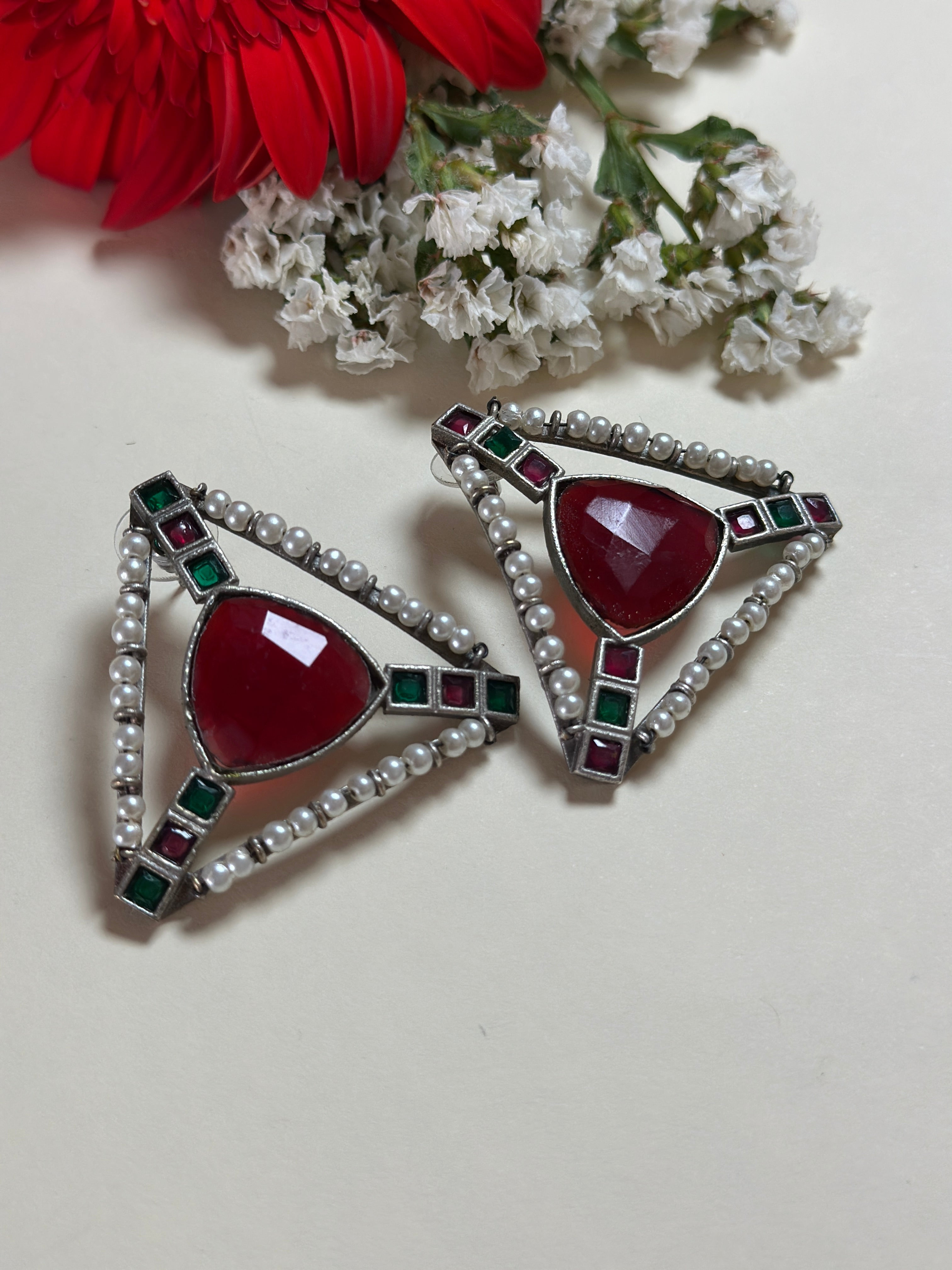 Imperial Ruby Emerald Pearl Earrings