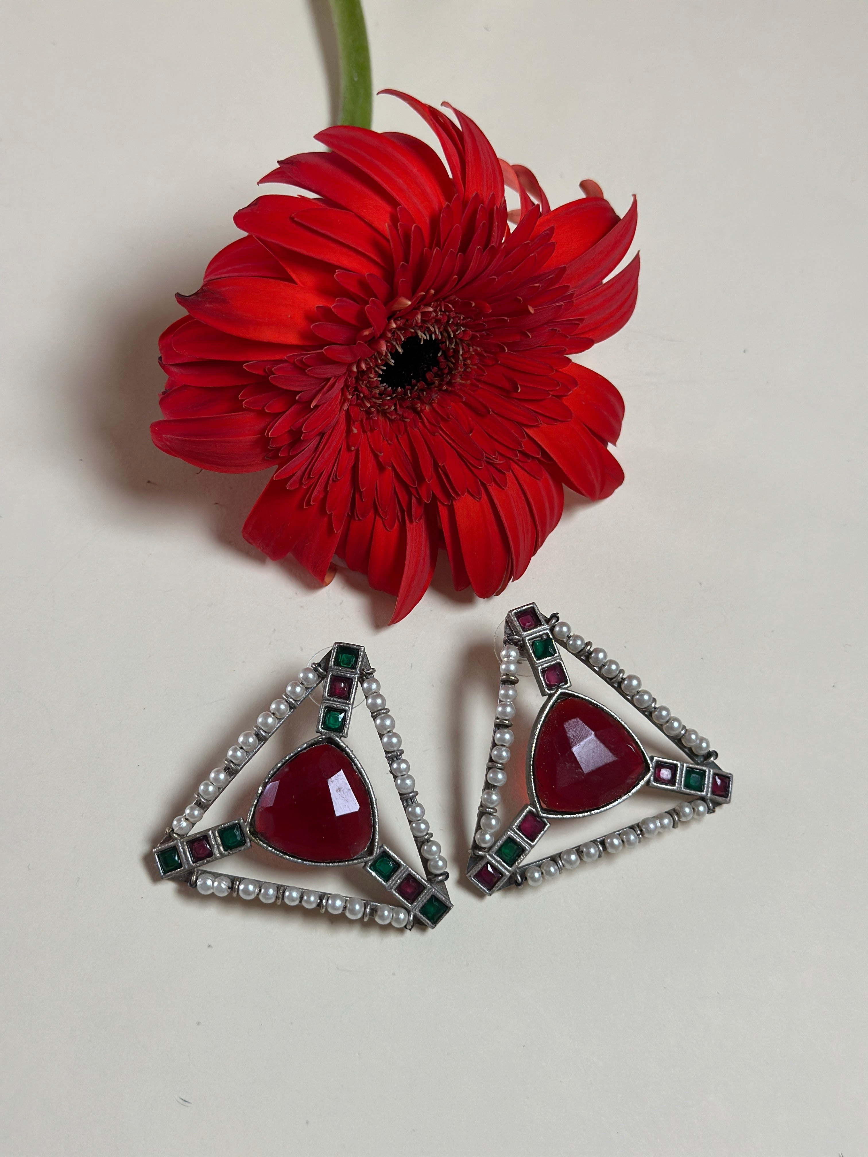 Imperial Ruby Emerald Pearl Earrings